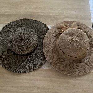 (2) Women's Sun Hats, One Size, Tan/Black With Leather Strap Trim & Beige with
